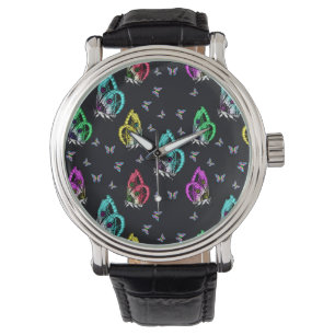 Black Colourful Butterfly Illustration Pattern Watch