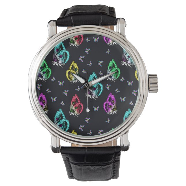Black Colourful Butterfly Illustration Pattern Watch (Front)
