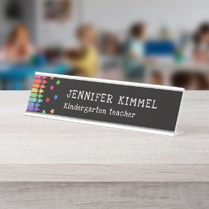 Black Colourful Crayons & Stars Teacher Name Desk Name Plate