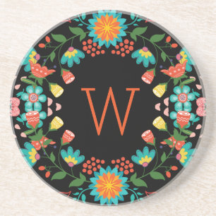 Black & Colourful Cute Colourful Retro Floral Coaster