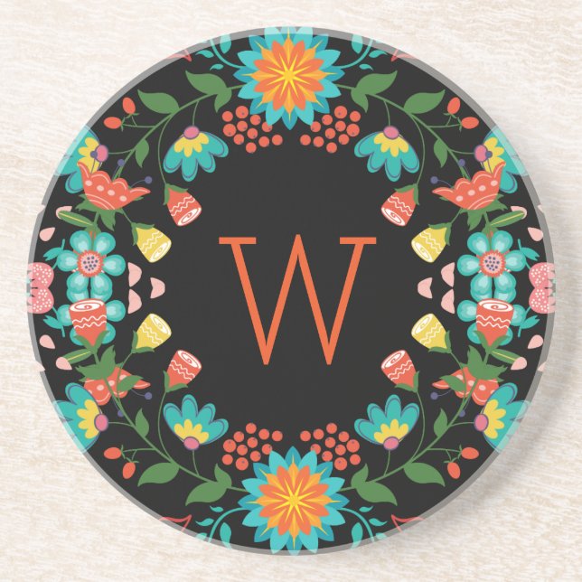 Black & Colourful Cute Colourful Retro Floral Wrea Coaster (Front)