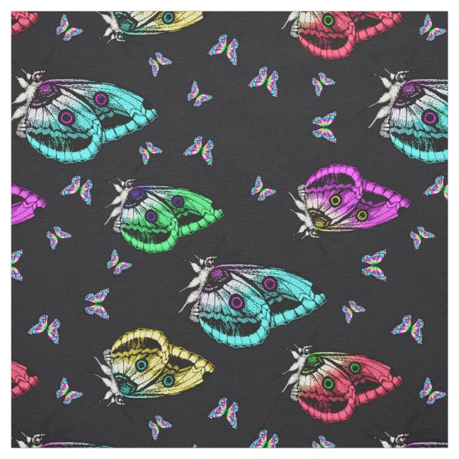 Black Colourful Cute Kawaii Butterfly  Fabric (Swatch)