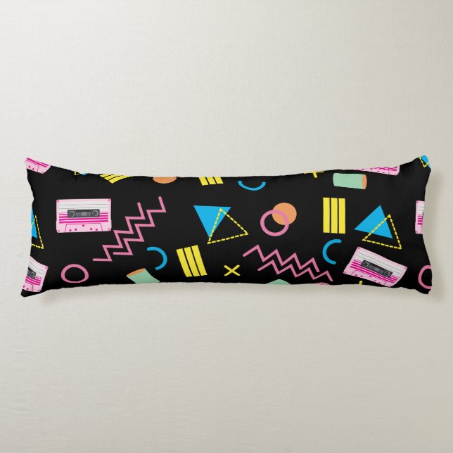 Black Colourful Eighties 80's Retro Pattern  Body Cushion (Front)