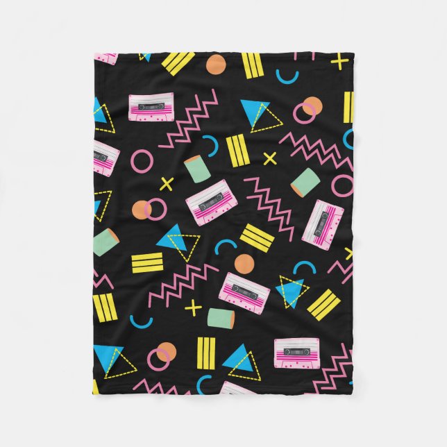 Black Colourful Eighties 80's Retro Pattern  Fleece Blanket (Front)