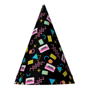 Black Colourful Eighties 80's Retro Pattern Party Hat