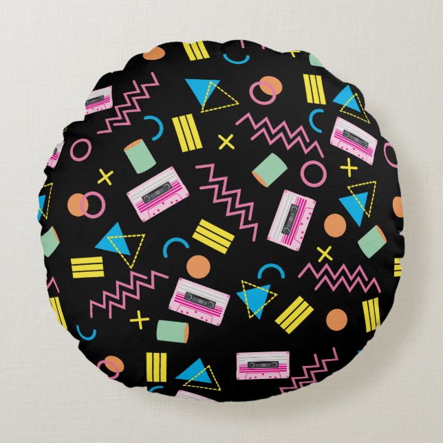 Black Colourful Eighties 80's Retro Pattern  Round Cushion (Front)