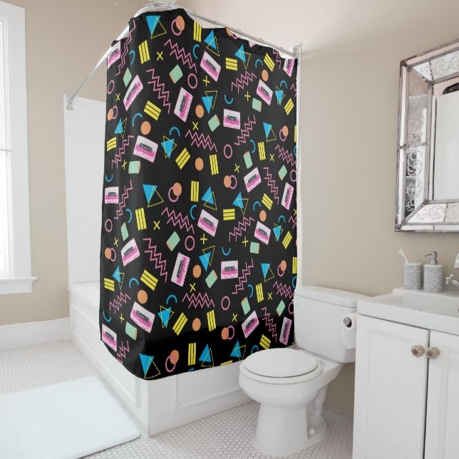 Black Colourful Eighties 80's Retro Pattern   Shower Curtain (In Situ)