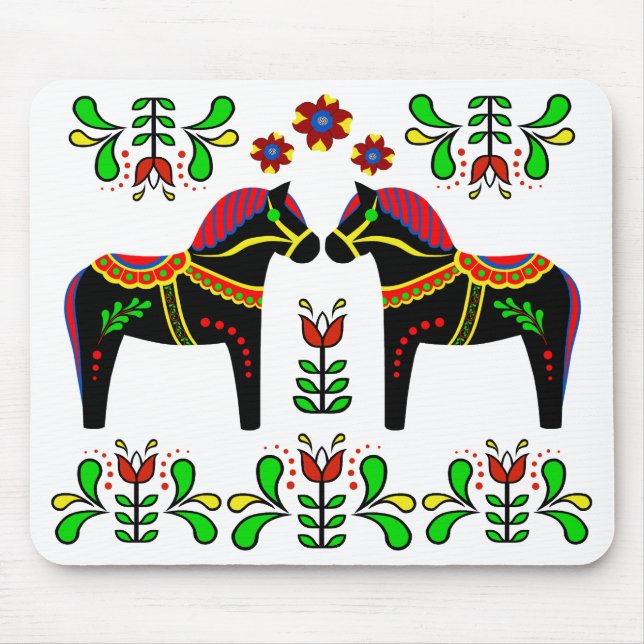Black/colourful Folk Dala horse/Folk Friesian Mouse Pad (Front)