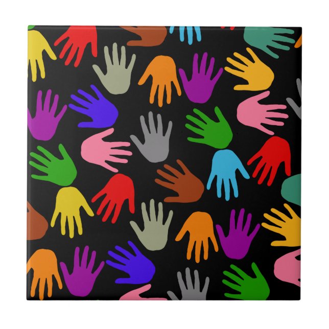 Black Colourful Handprint Pattern Design  Ceramic Tile (Front)