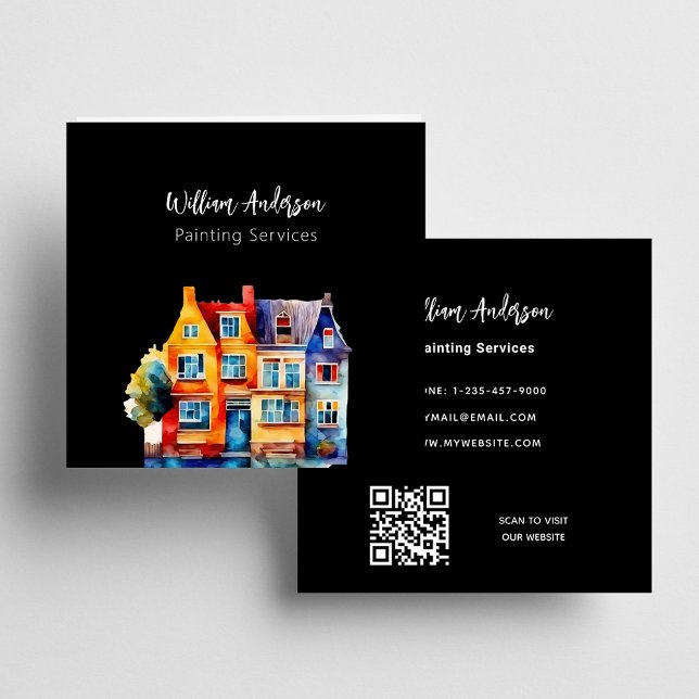 Black colourful houses QR code Square Business Card (Creator Uploaded)