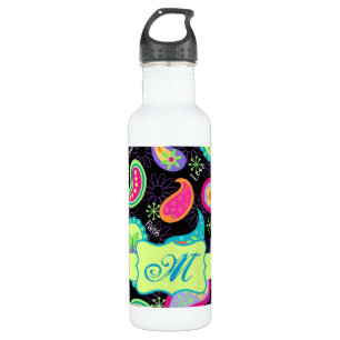 Black Colourful Modern Paisley Pattern Monogram 710 Ml Water Bottle
