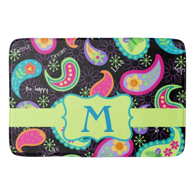 Black Colourful Monogram Modern Paisley Pattern Bath Mat (Front)