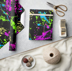 Black Colourful Neon Paint Splatter Pattern Wrapping Paper