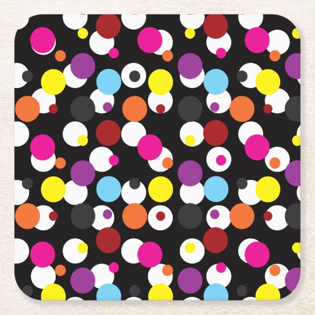 Black Colourful Polka Dots Surface Pattern Design Square Paper Coaster (Front)