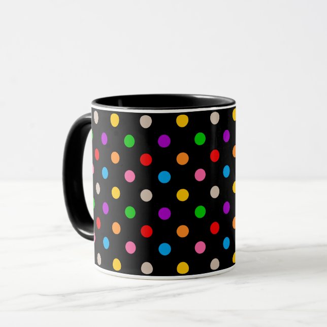 Black Colourful Rainbow Polka Dots Design  Mug (Front Left)