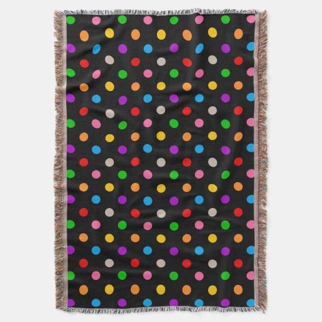 Black Colourful Rainbow Polka Dots Design  Throw Blanket (Front Vertical)