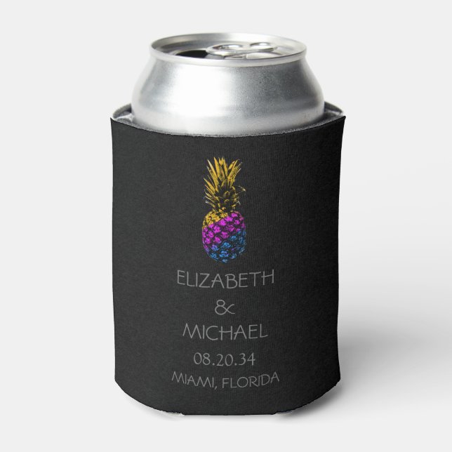 Black Colourful Trendy pineapple Wedding Custom  Can Cooler (Can Front)