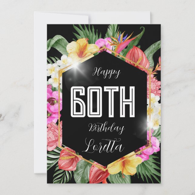 Black Colourful Tropical Flowers 60th Birthday Car Holiday Card (Front)
