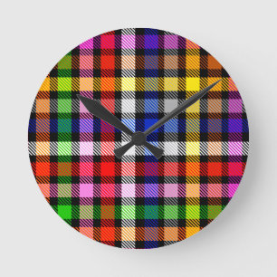 Black Colourful Twill Plaid Tartan Design Round Clock