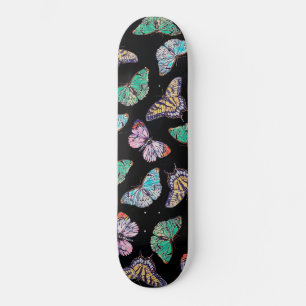 Black Colourful Watercolor Butterflies Skateboard