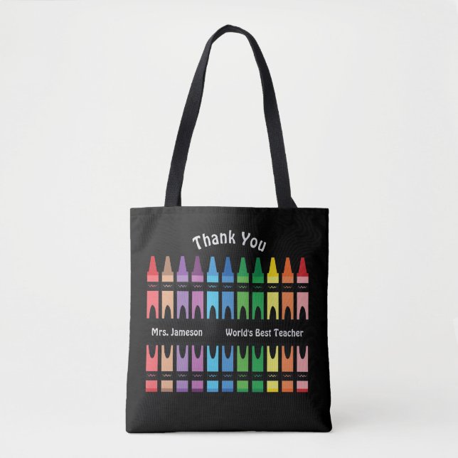 Black Colourful World's Best Teacher Rainbow Crayo Tote Bag (Front)