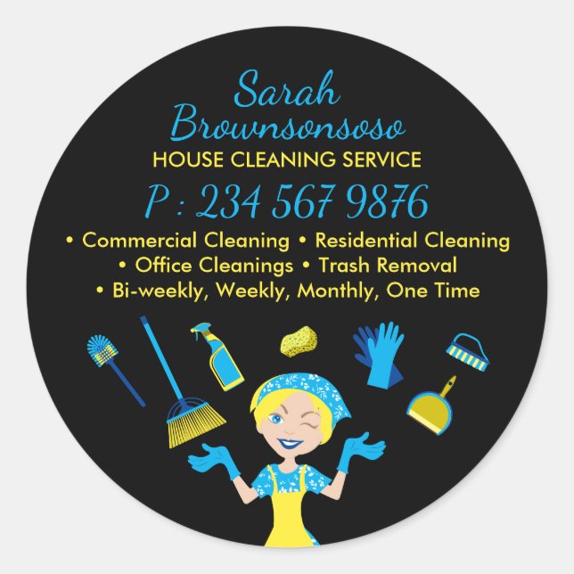 Black Commercial Janitorial Maid House Cleaner Classic Round Sticker (Front)