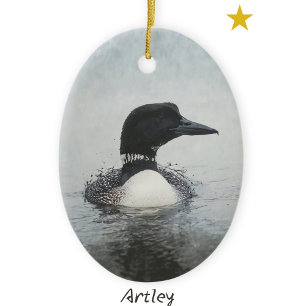Black Common Loon Painting Custom Year Christmas Ceramic Ornament