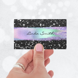 Black Confetti Glitter Iridescent Brush Strokes Business Card