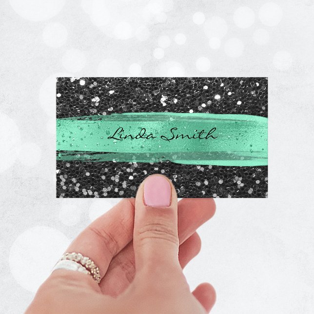 Black Confetti Glitter Mint Green Brush Strokes Business Card (Black Confetti Glitter Mint Green Brush Strokes Business Card)