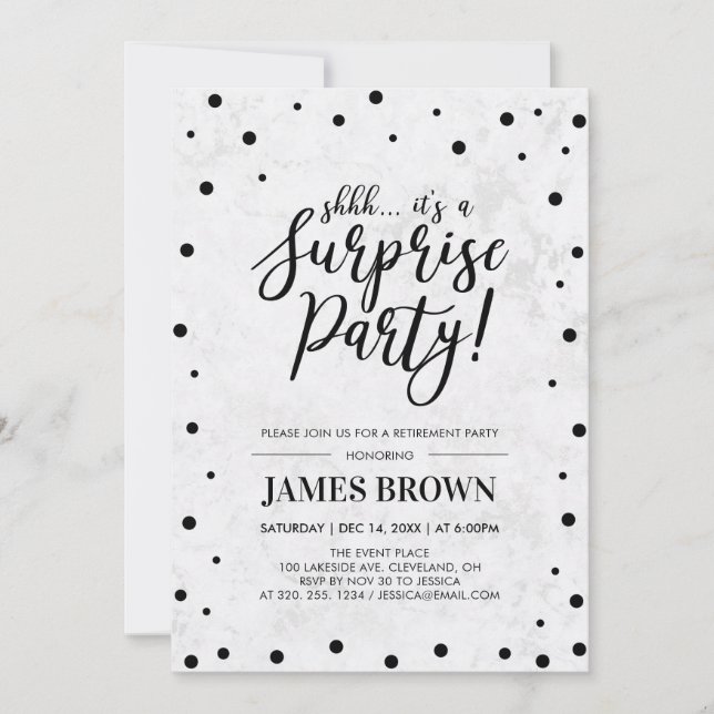 Black Confetti & Marble Surprise Retirement Party Invitation (Front)