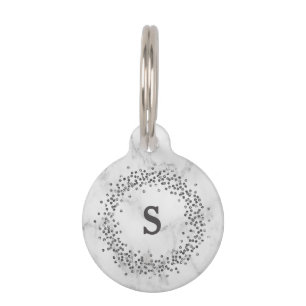 Black Confetti on Marble Look Monogram Pet Tag