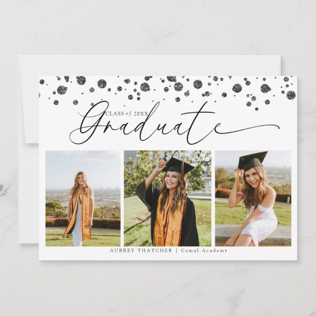 Black Confetti |  Photo Collage Graduation  Invitation (Front)