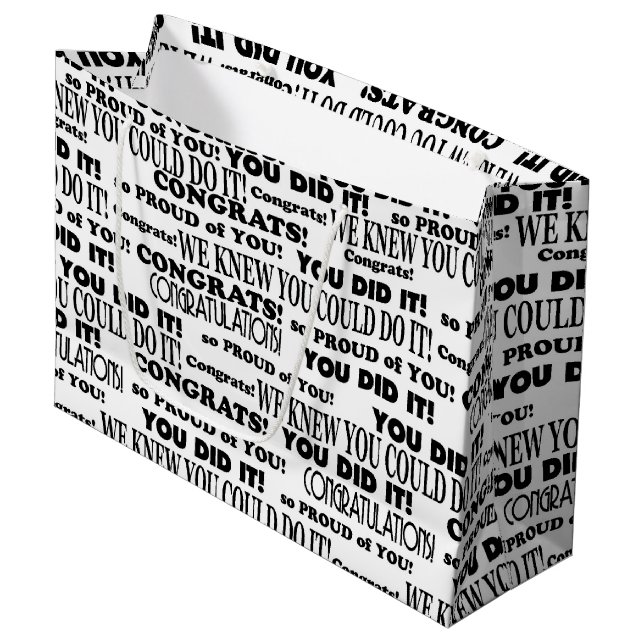 Black Congratulations Text Pattern on White Large Gift Bag (Front Angled)