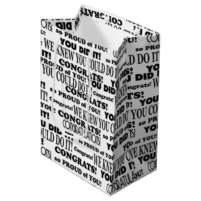 Black Congratulations Text Pattern on White Medium Gift Bag (Front Angled)