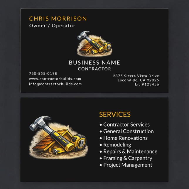 Black Contractor Services Professional Business Card (Creator Uploaded)