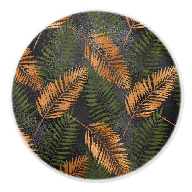 Black Copper Brown Palm Tree Leaf Glam Tropical Ceramic Knob (Front)