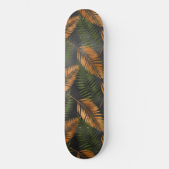 Black Copper Brown Palm Tree Leaf Glam Tropical Skateboard (Front)