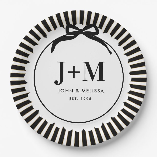Black Coquette Bow Anniversary Initials Paper Plate (Front)