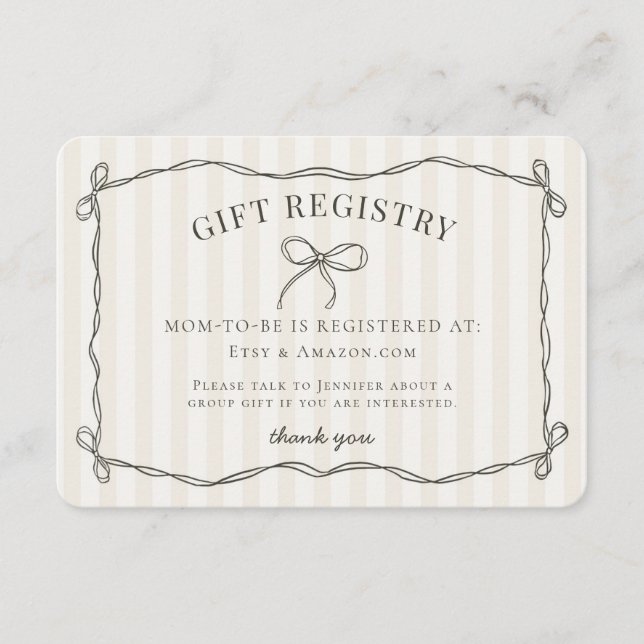 Black Coquette Bow Beige Baby Shower Registry Enclosure Card (Front)