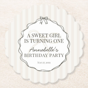 Black Coquette Bow Beige Birthday Party Paper Coaster