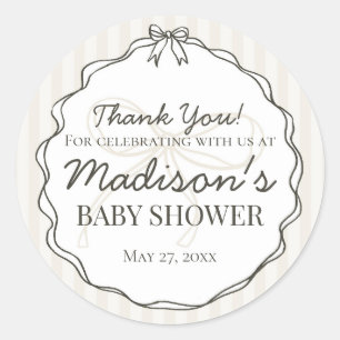 Black Coquette Bow Beige Striped Baby Shower Favou Classic Round Sticker