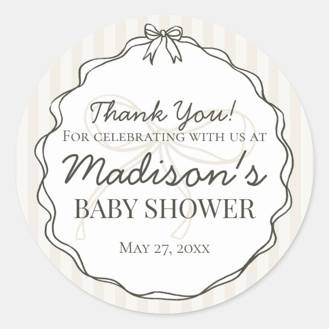 Black Coquette Bow Beige Striped Baby Shower Favou Classic Round Sticker (Front)
