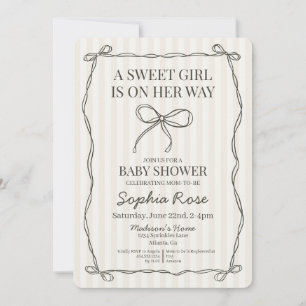 Black Coquette Bow Beige Striped Baby Shower Invitation