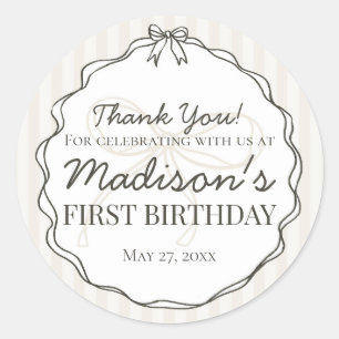 Black Coquette Bow Beige Striped Birthday Favour Classic Round Sticker