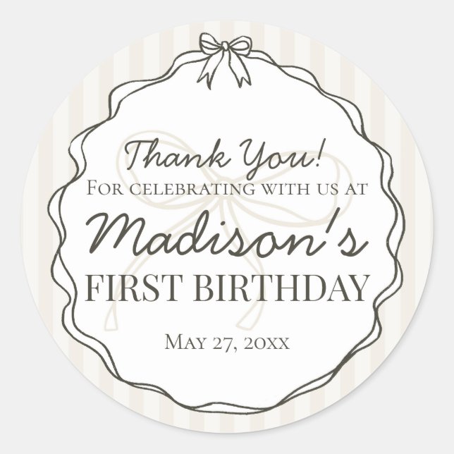 Black Coquette Bow Beige Striped Birthday Favour Classic Round Sticker (Front)