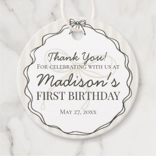 Black Coquette Bow Beige Striped Birthday Favour Tags