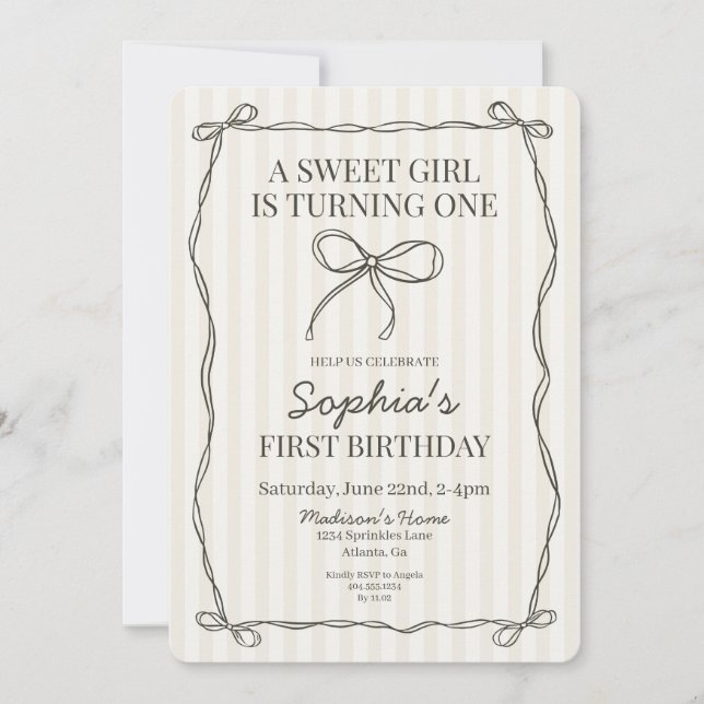 Black Coquette Bow Beige Striped Birthday Party Invitation (Front)