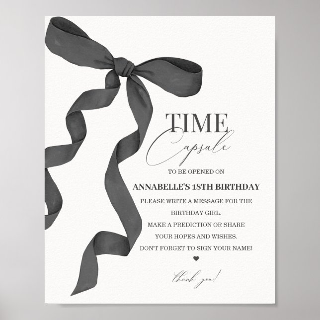 Black Coquette Bow Birthday Time Capsule Sign (Front)