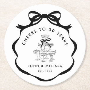 Black Coquette Bow Cheers Champagne Tower Round Paper Coaster