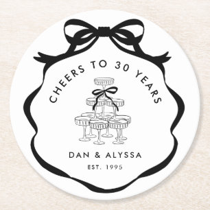 Black Coquette Bow Cheers Champagne Tower Round Paper Coaster